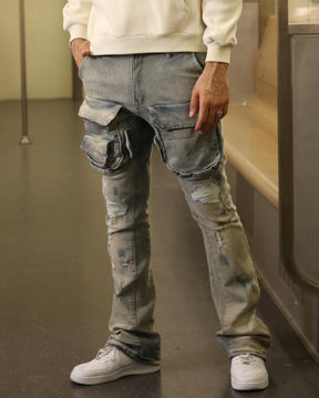 Light Wash Straight Leg Distressed Cargo Jeans-Mexico Local Delivery