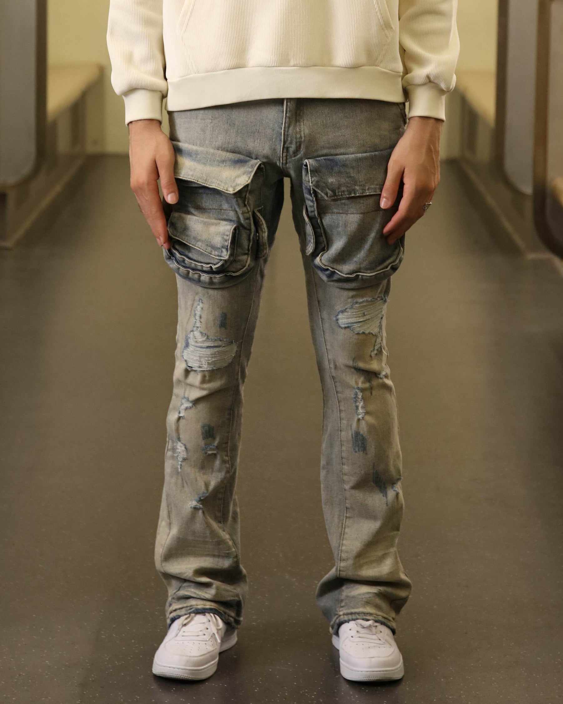 Light Wash Straight Leg Distressed Cargo Jeans-Mexico Local Delivery