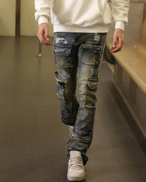 Dark Wash Distressed Blue Straight Leg Cargo Jeans