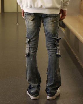 Dark Wash Distressed Blue Straight Leg Cargo Jeans