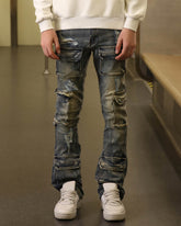 Dark Wash Distressed Blue Straight Leg Cargo Jeans