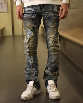 Dark Wash Distressed Blue Straight Leg Cargo Jeans