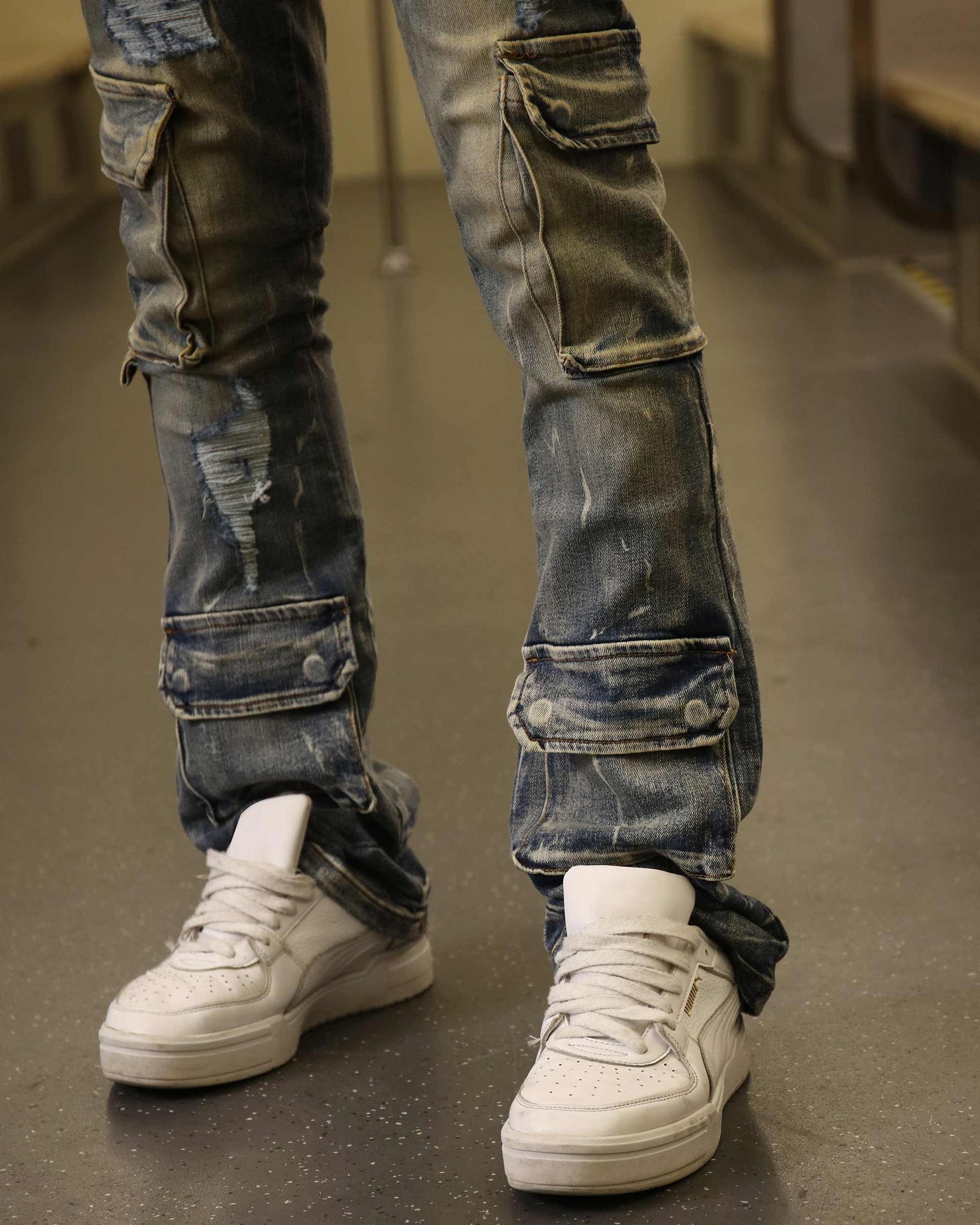 Dark Wash Distressed Blue Straight Leg Cargo Jeans