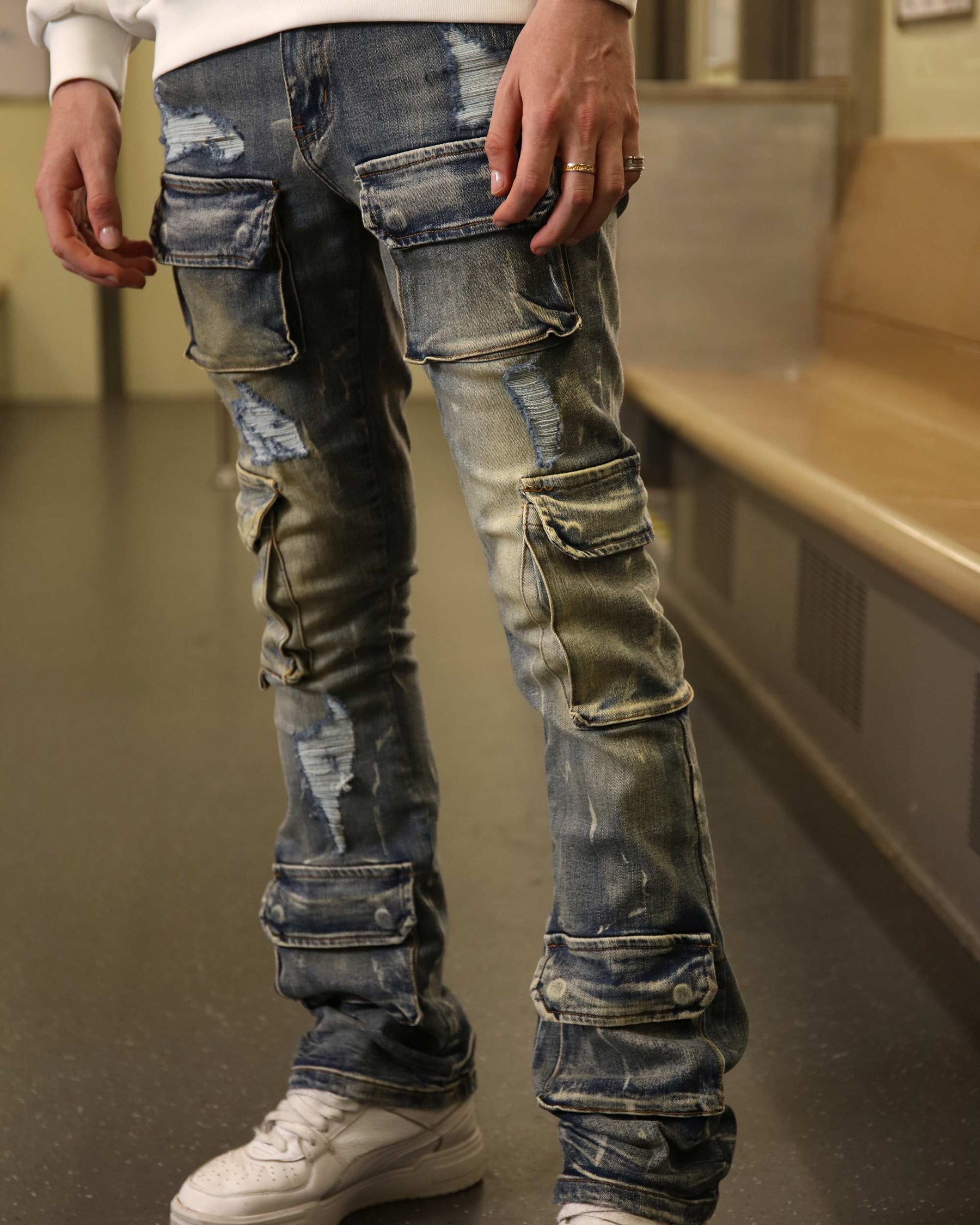 Dark Wash Distressed Blue Straight Leg Cargo Jeans