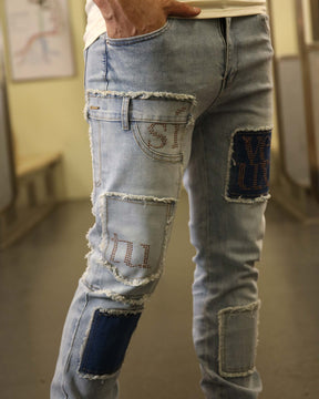 Logeqi Casual Blue Jeans with Small Diamonds & Square Patches