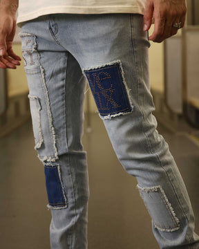 Logeqi Casual Blue Jeans with Small Diamonds & Square Patches