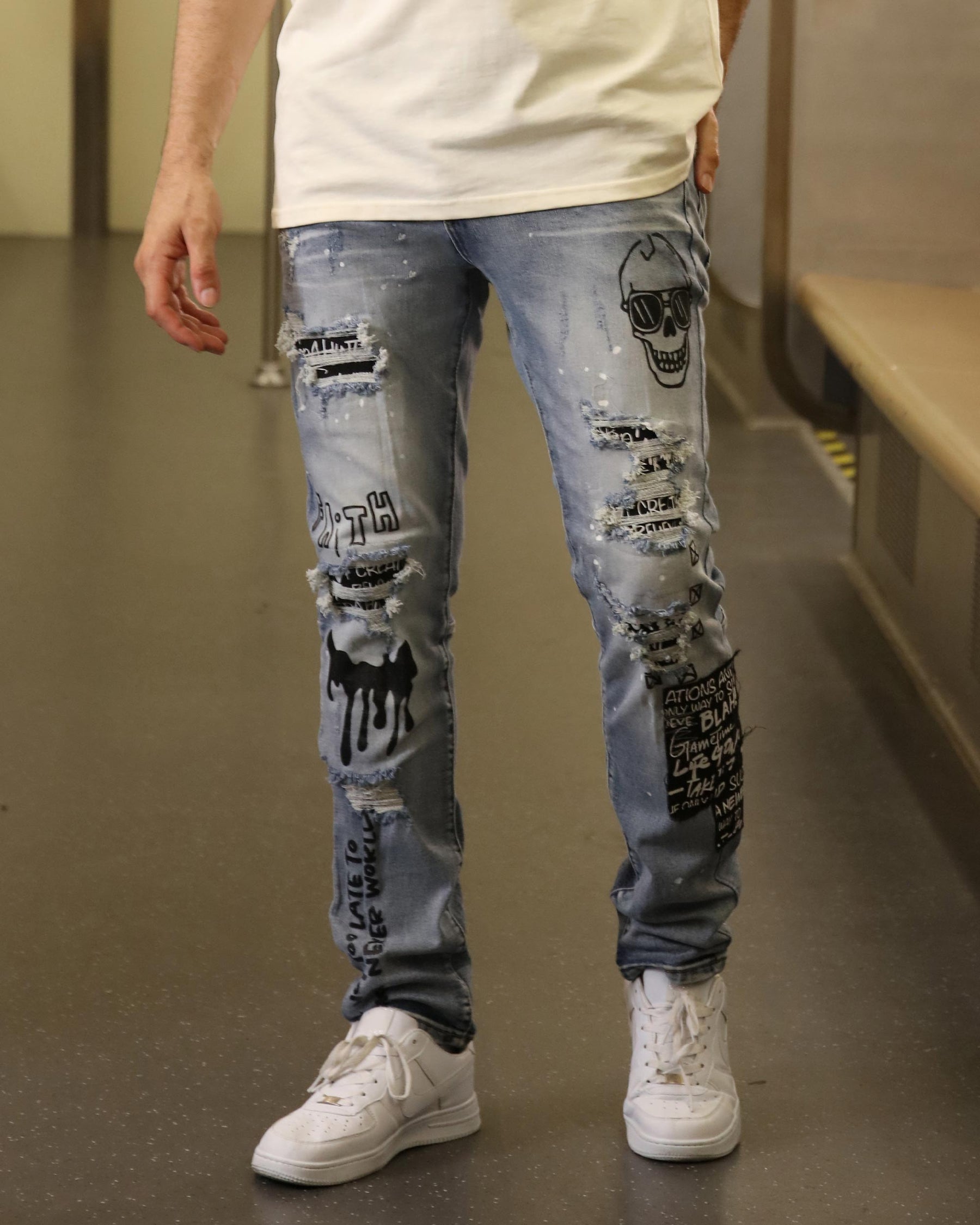 Logeqi Skull Blue Graffiti  Ripped Jeans with Streetwear Edge