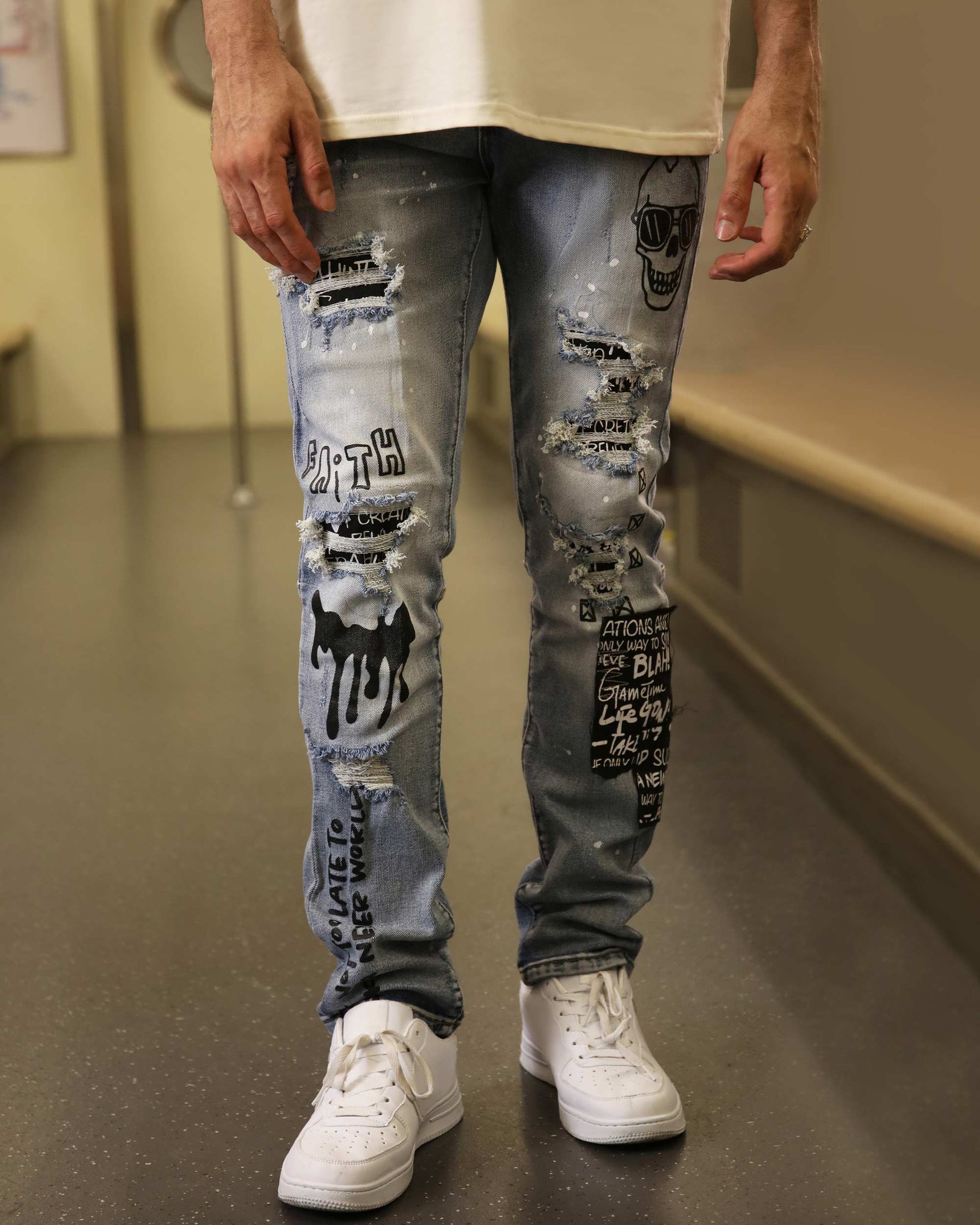 Logeqi Skull Blue Graffiti  Ripped Jeans with Streetwear Edge