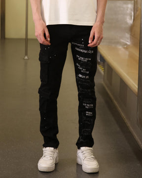 Logeqi Straight Leg Black Ripped Jeans with Spray Paint Detailing