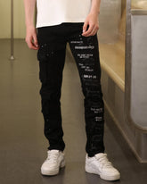 Logeqi Straight Leg Black Ripped Jeans with Spray Paint Detailing