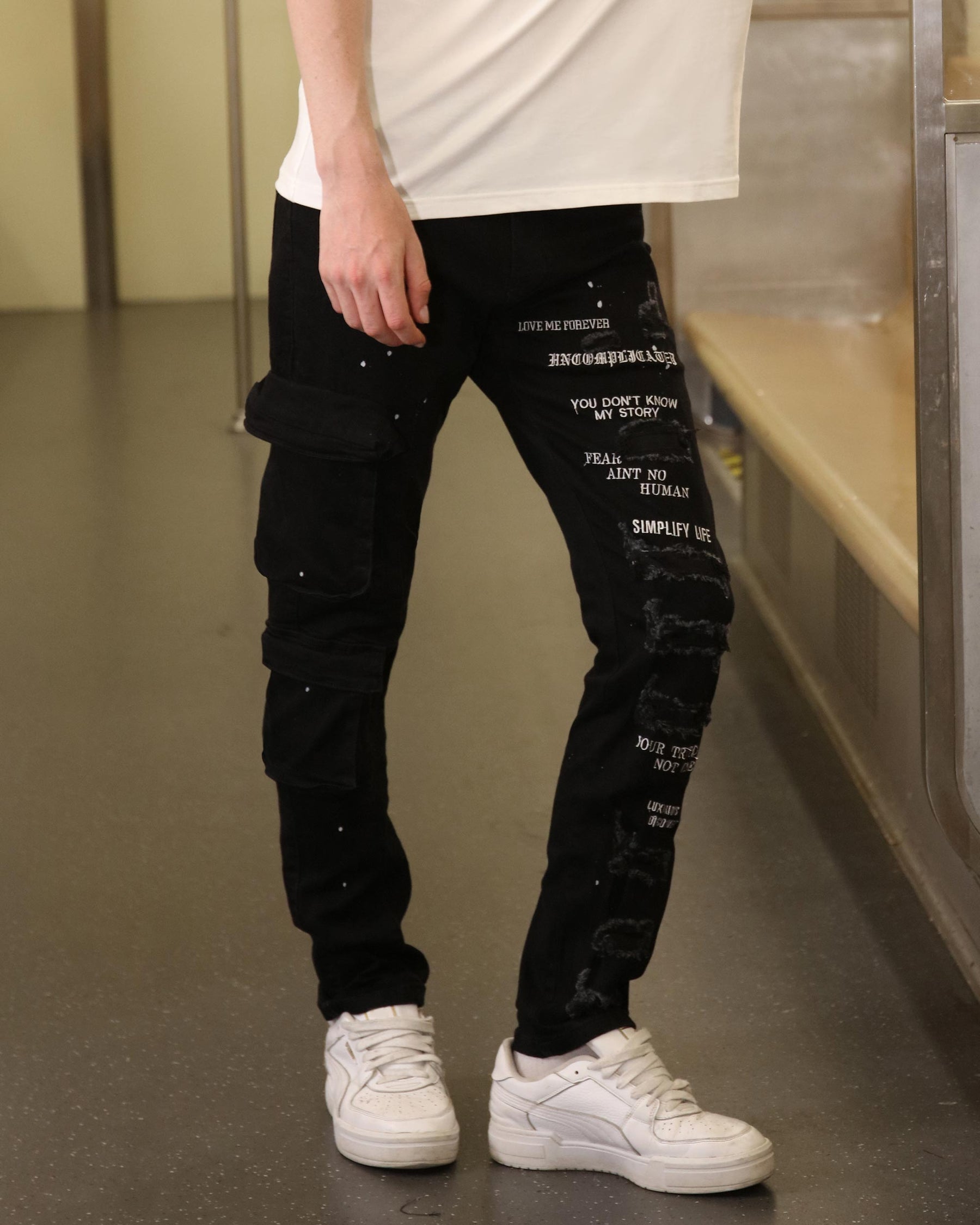 Logeqi Straight Leg Black Ripped Jeans with Spray Paint Detailing