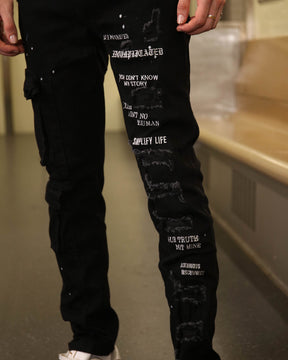 Logeqi Straight Leg Black Ripped Jeans with Spray Paint Detailing