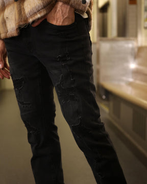 LOGEQI Black Jeans with Ripped and Repaired for Daily Wear