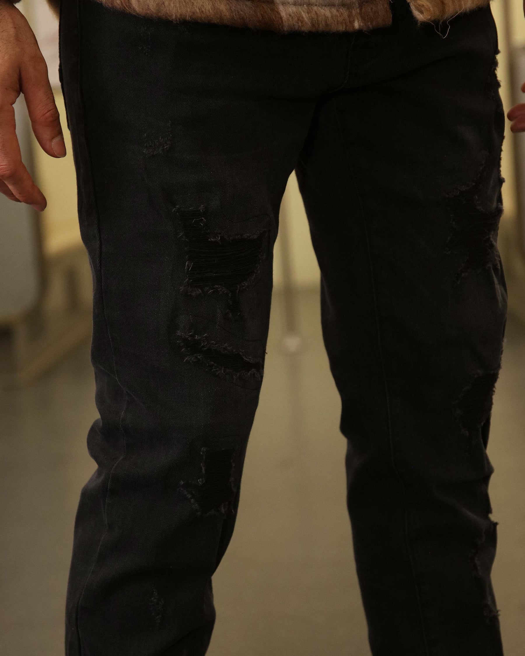 LOGEQI Black Jeans with Ripped and Repaired for Daily Wear