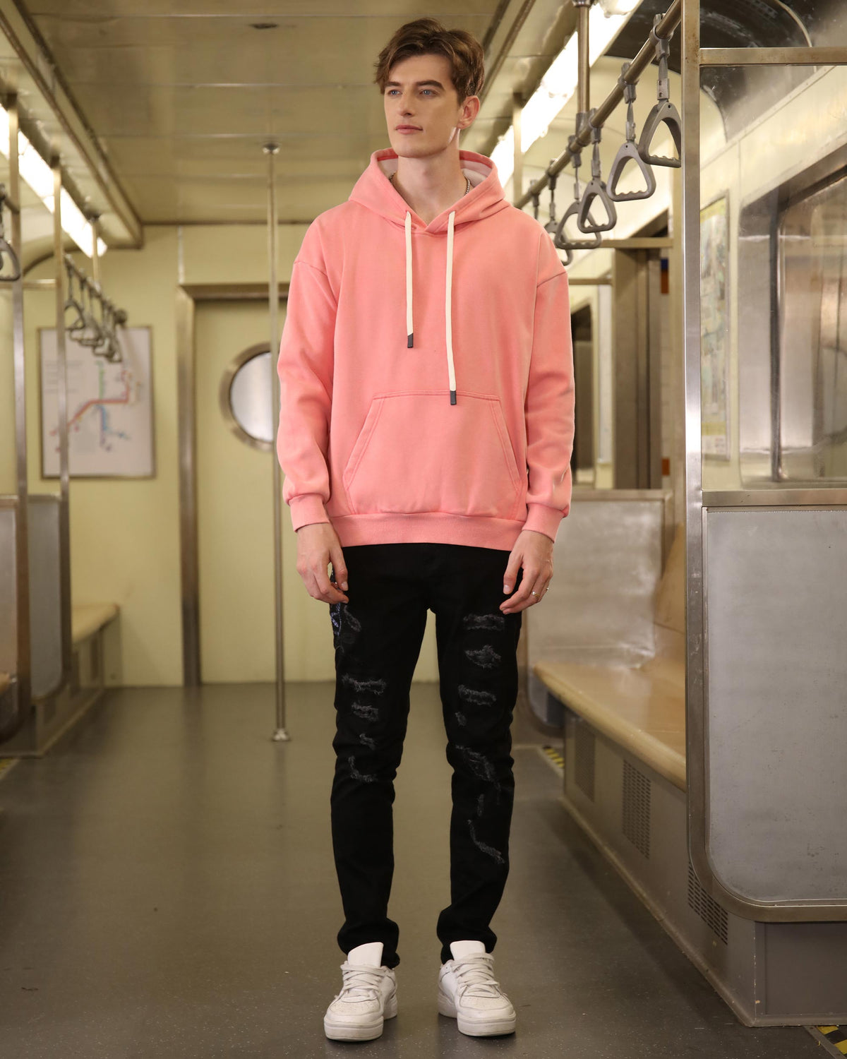 Pocket Hoodie with Drawstring Cords-Pink