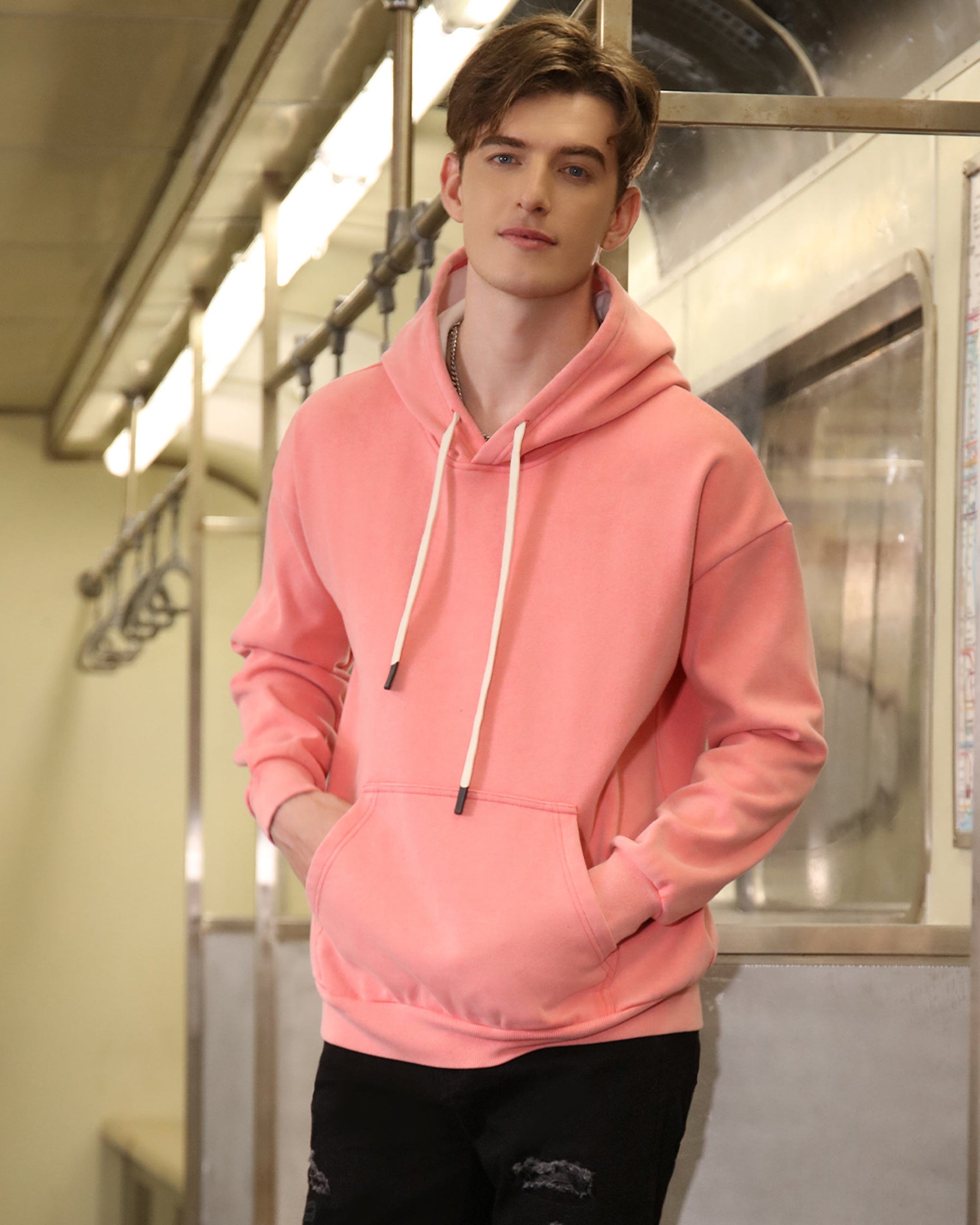 Pocket Hoodie with Drawstring Cords-Pink