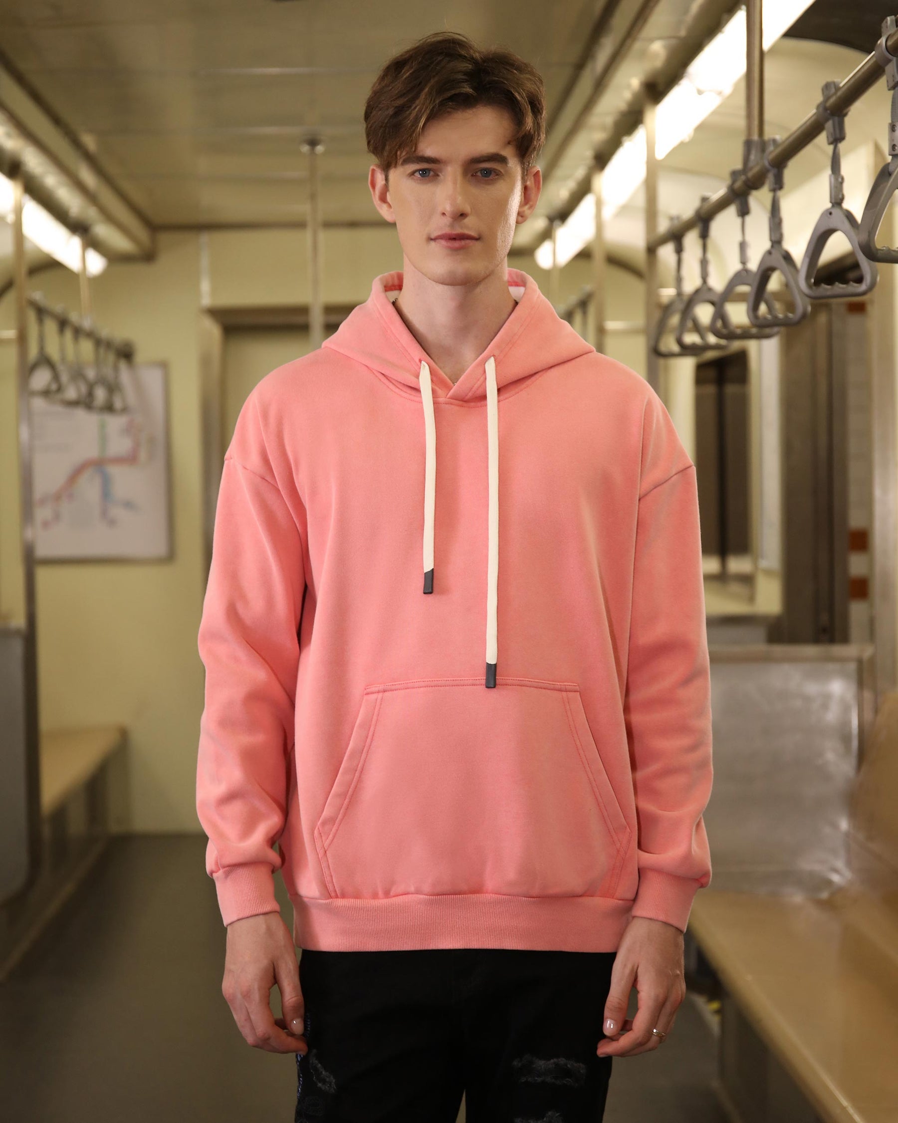 Pocket Hoodie with Drawstring Cords-Pink