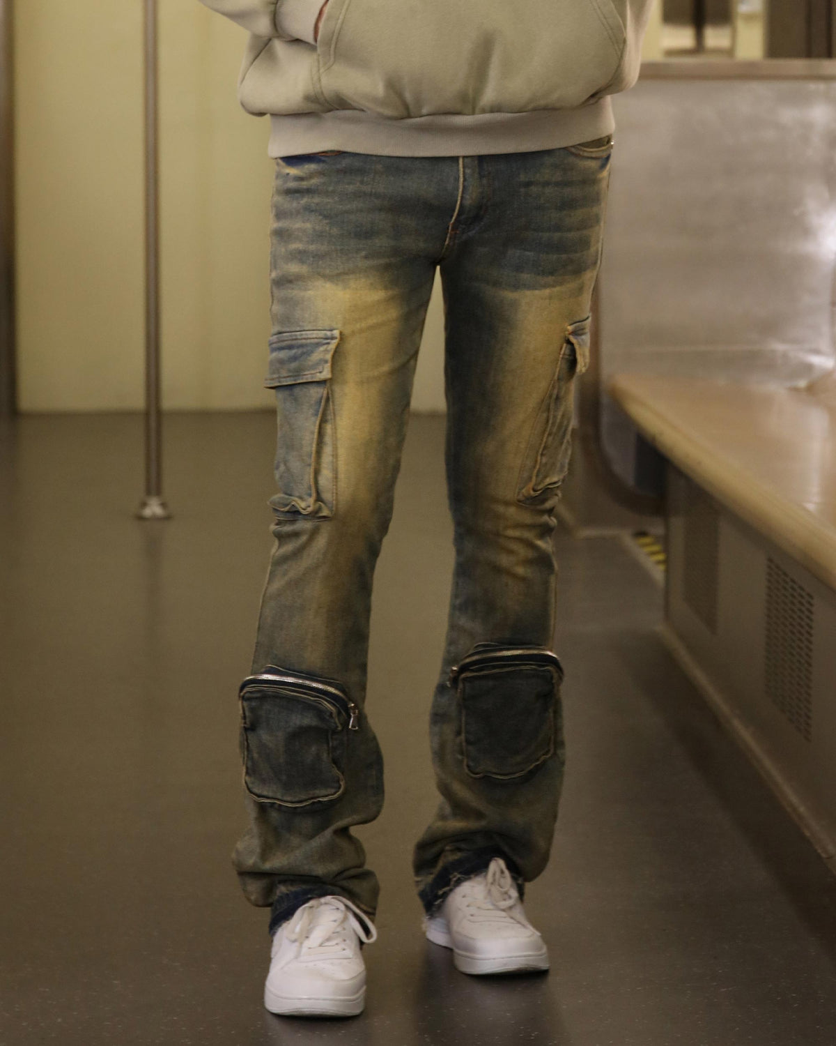 Vintage Dark Wash Distressed Straight Leg Cargo Jeans