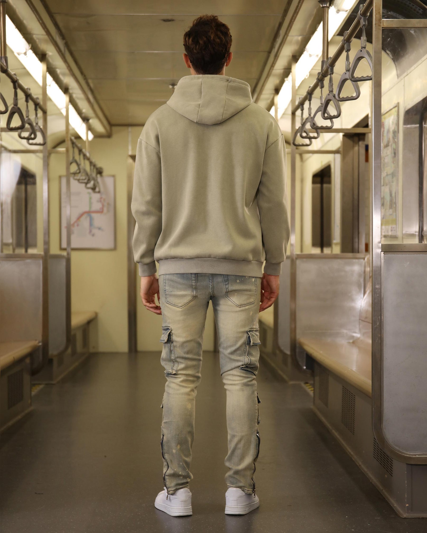 LOGEQI Spray-Painted Distressed Blue Jeans with Cargo Pockets