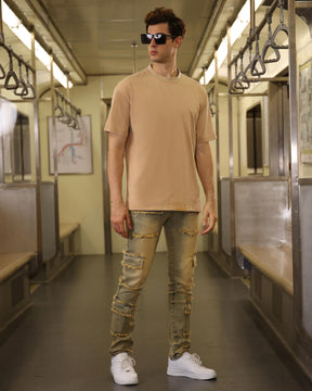 Logeqi Raw Edge Straight Brown Jeans with Side Pockets