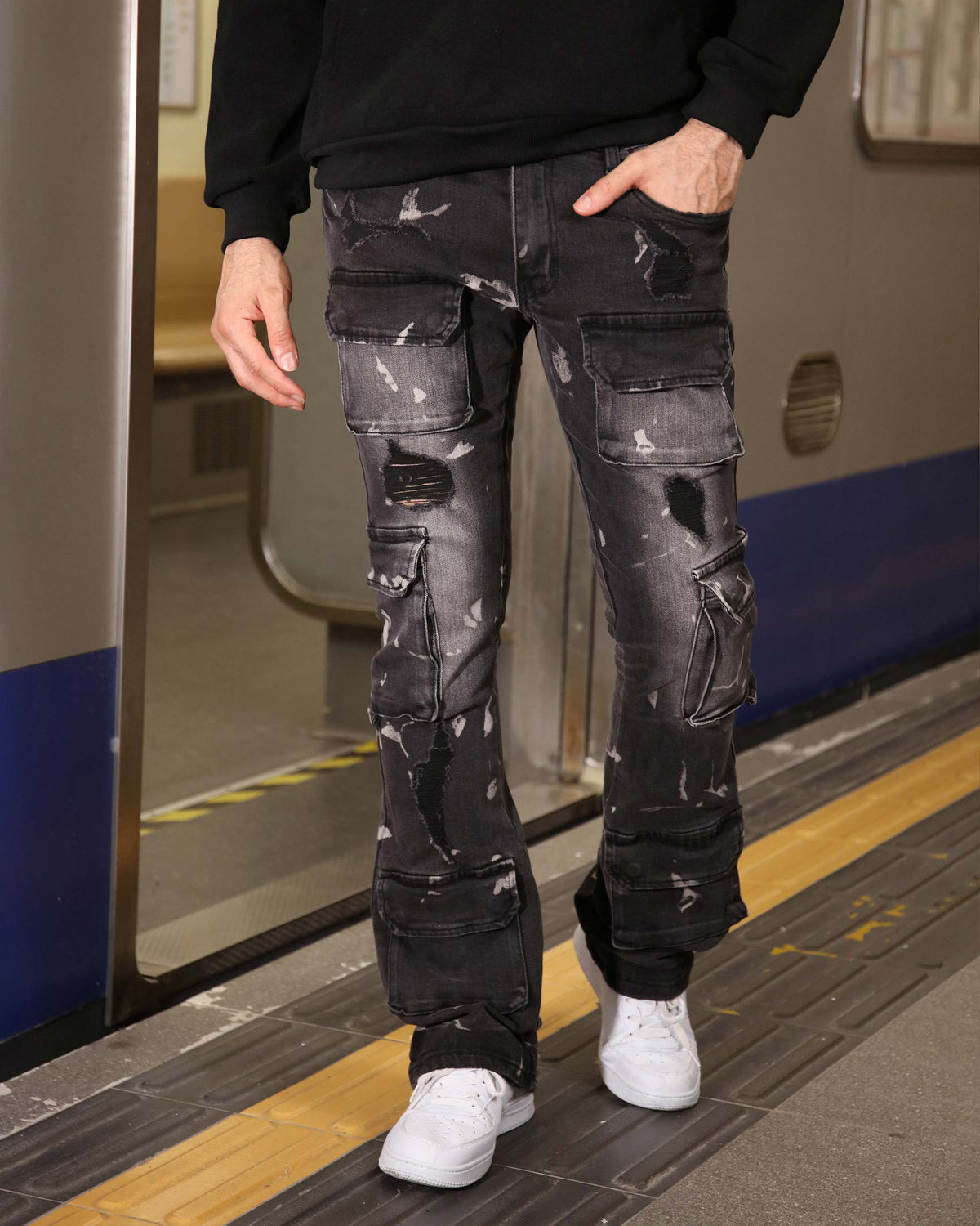 Logeqi Distressed Painted Black Cargo Jeans with Multiple Pockets