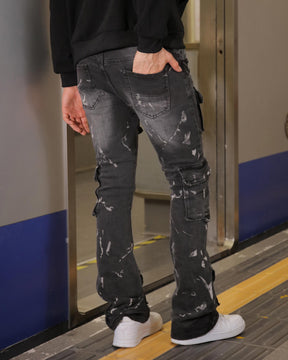 Logeqi Distressed Painted Black Cargo Jeans with Multiple Pockets