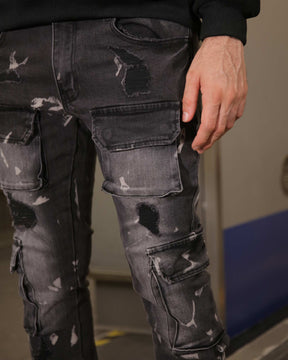 Logeqi Distressed Painted Black Cargo Jeans with Multiple Pockets