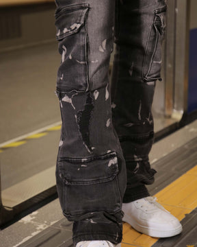 Logeqi Distressed Painted Black Cargo Jeans with Multiple Pockets