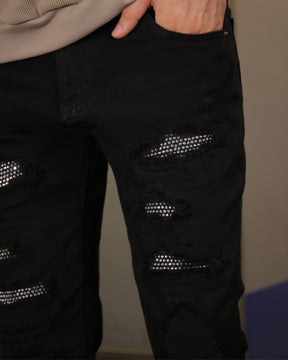 Logeqi Black Ripped Jeans with Shine Diamond Patch