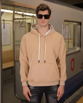 Pocket Hoodie with Drawstring Cords-Khaki