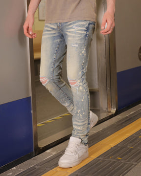 Distressed Whiskered Blue Ripped Jeans with Spray Paint Accents-Mexico Local Delivery