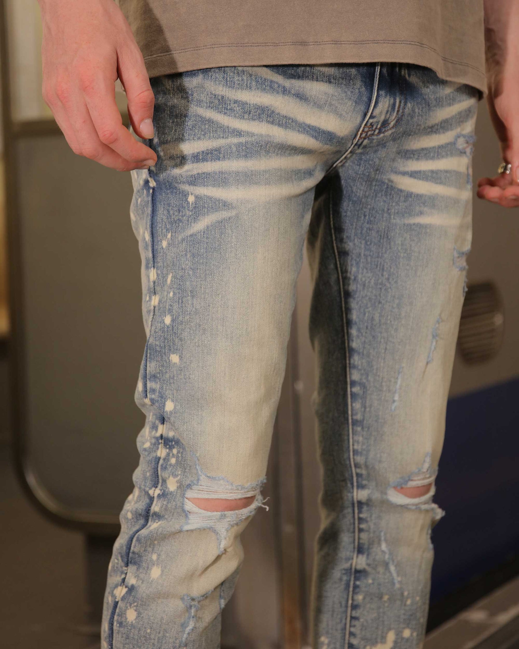 Distressed Whiskered Blue Ripped Jeans with Spray Paint Accents-Mexico Local Delivery