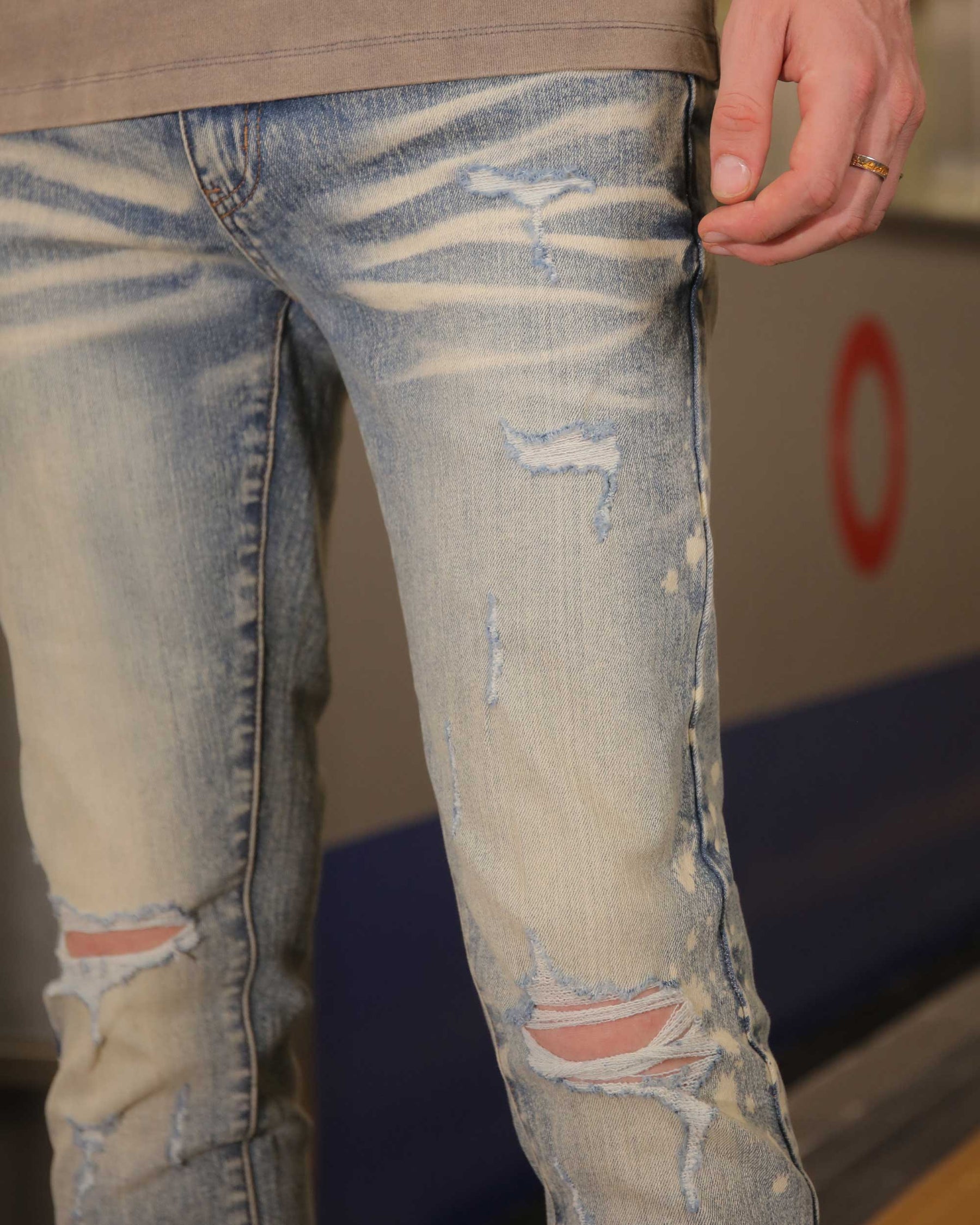 Distressed Whiskered Blue Ripped Jeans with Spray Paint Accents-Mexico Local Delivery