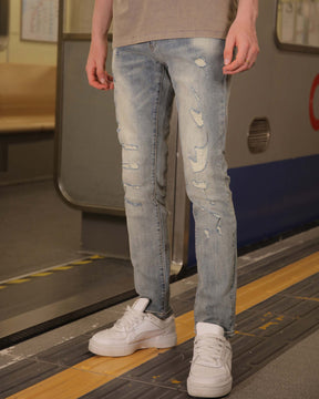 Slim Fit Distressed Rugged Blue Ripped Jeans-Mexico Local Delivery