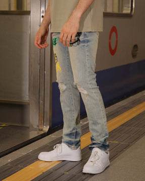 LOGEQI Distressed Blue Jeans with Graffiti - Streetwear Style