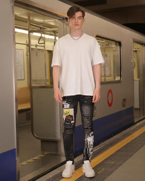 LOGEQI Hip Hop Black Ripped Jeans with Graffiti Art