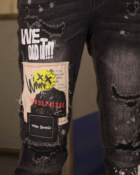 LOGEQI Hip Hop Black Ripped Jeans with Graffiti Art