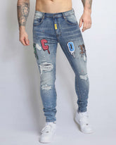 Slim Fit Blue Ripped Jeans with Patches