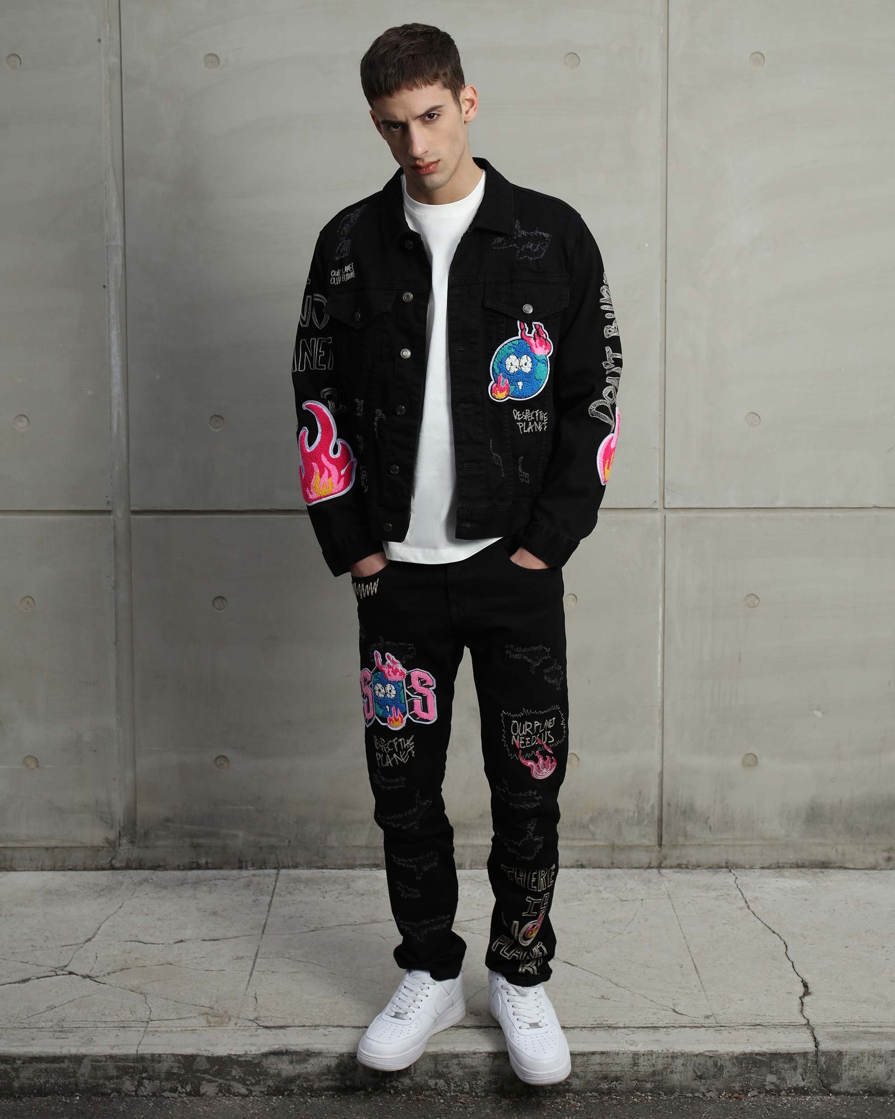 Ripped Black Denim Jacket with Embroidery and graffiti