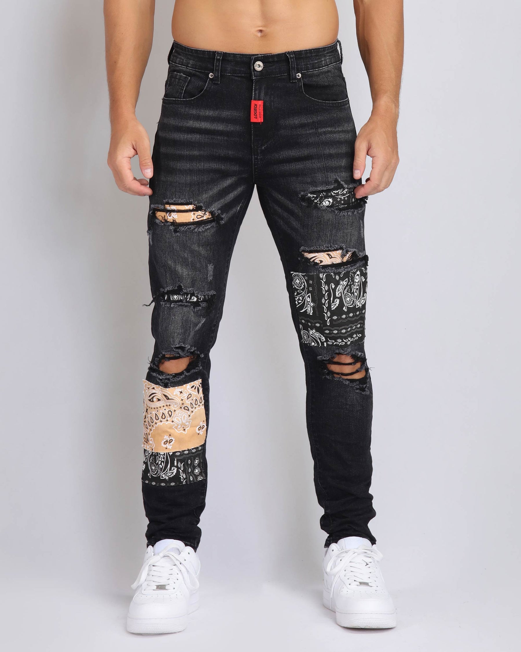 Ripped Black Jeans with Orange & Black Cashew Flowers Patch