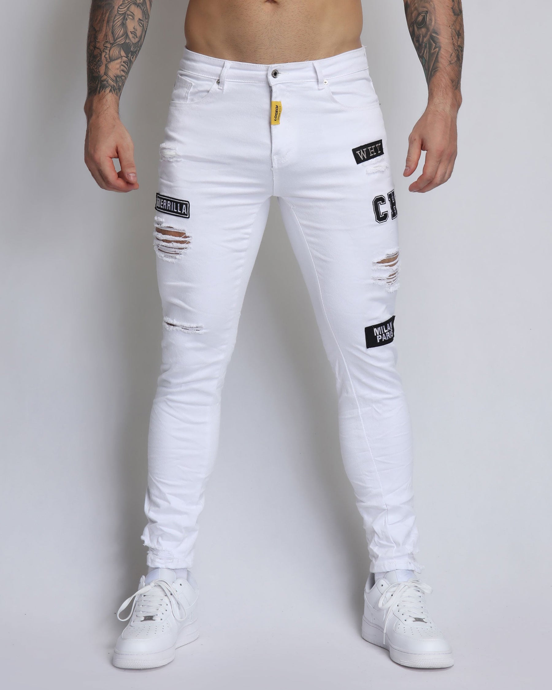 Skinny White Ripped Jeans with Letters Badge