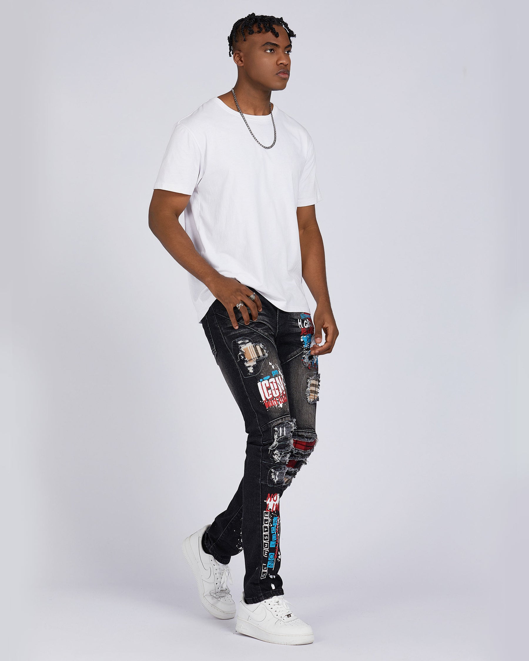 Slim Fit Rip & Repair Black Jeans with Cartoon Painted