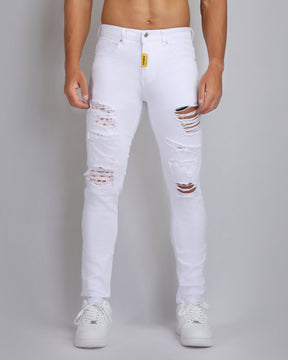 Irregular Ripped White Jeans with Pink Patches