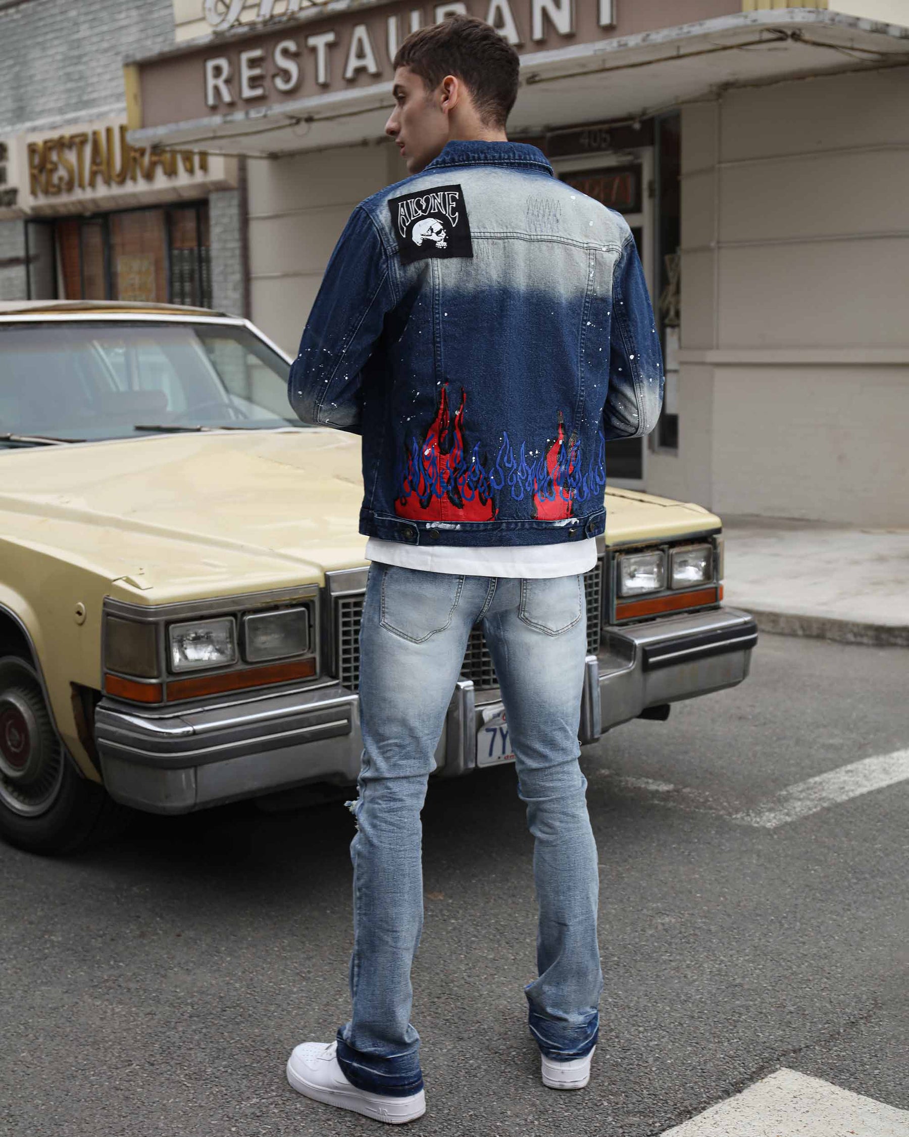 Blue Denim Jacket with Street Graffiti and Ripped