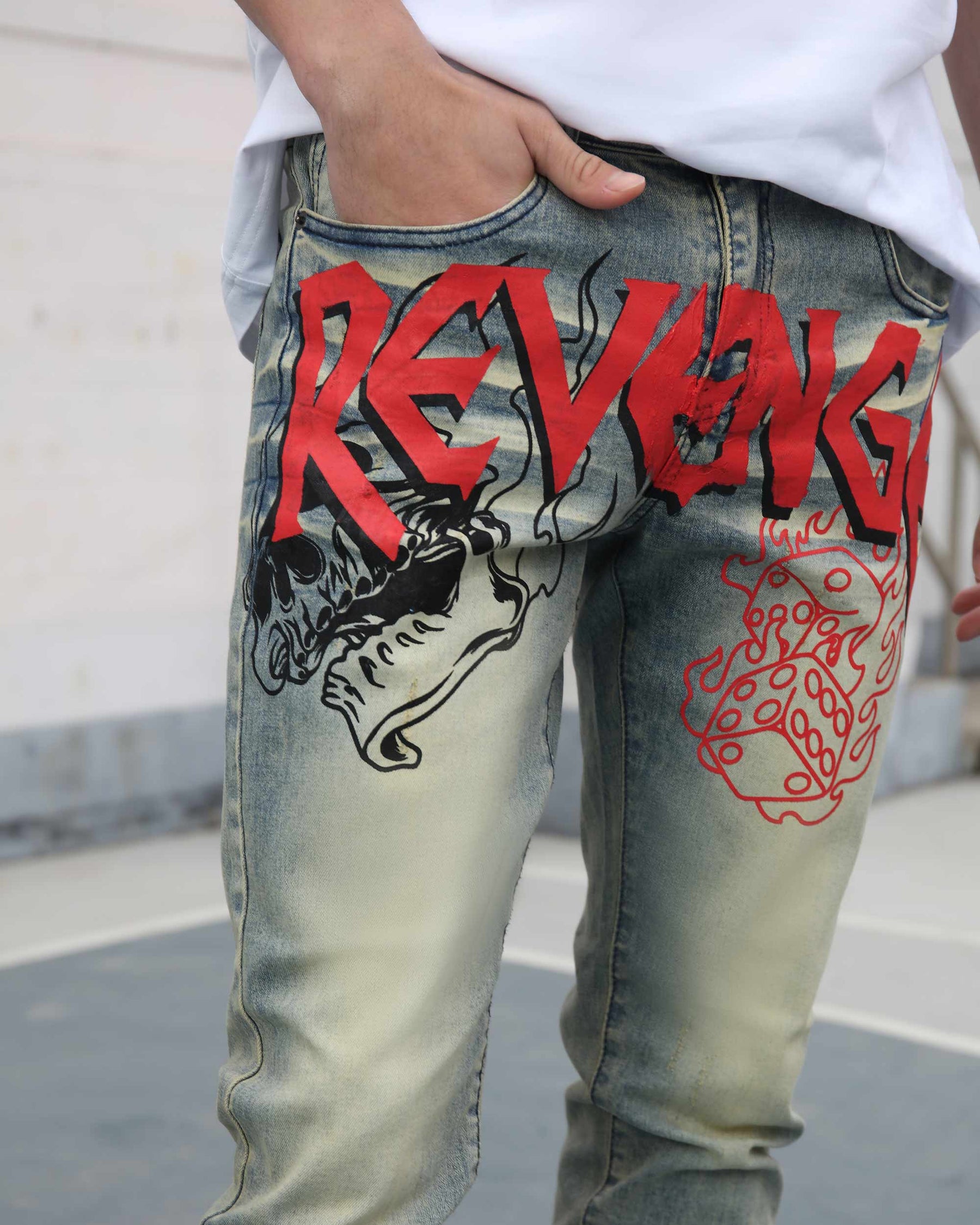 Vintage Slim Fit Straight Leg Distressed Blue Jeans with Painted Graffiti