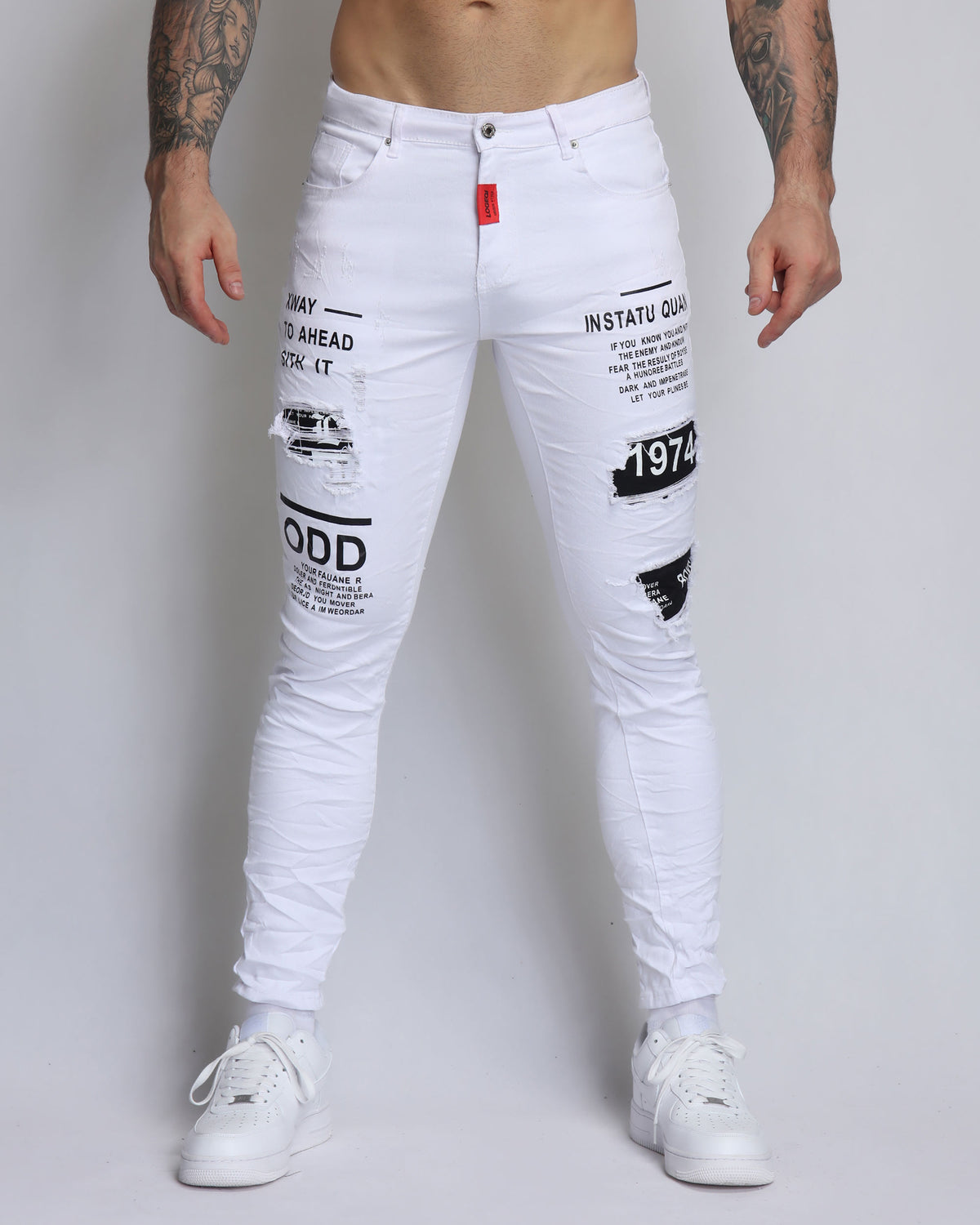 Ripped White Jeans with Lettes Numbers Patched