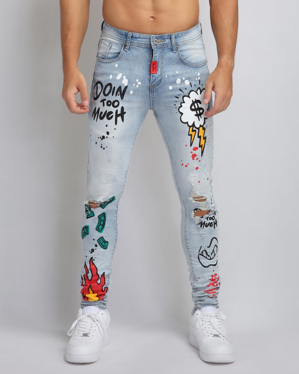 Anime-Inspired Style Light Wash Ripped Blue Jeans
