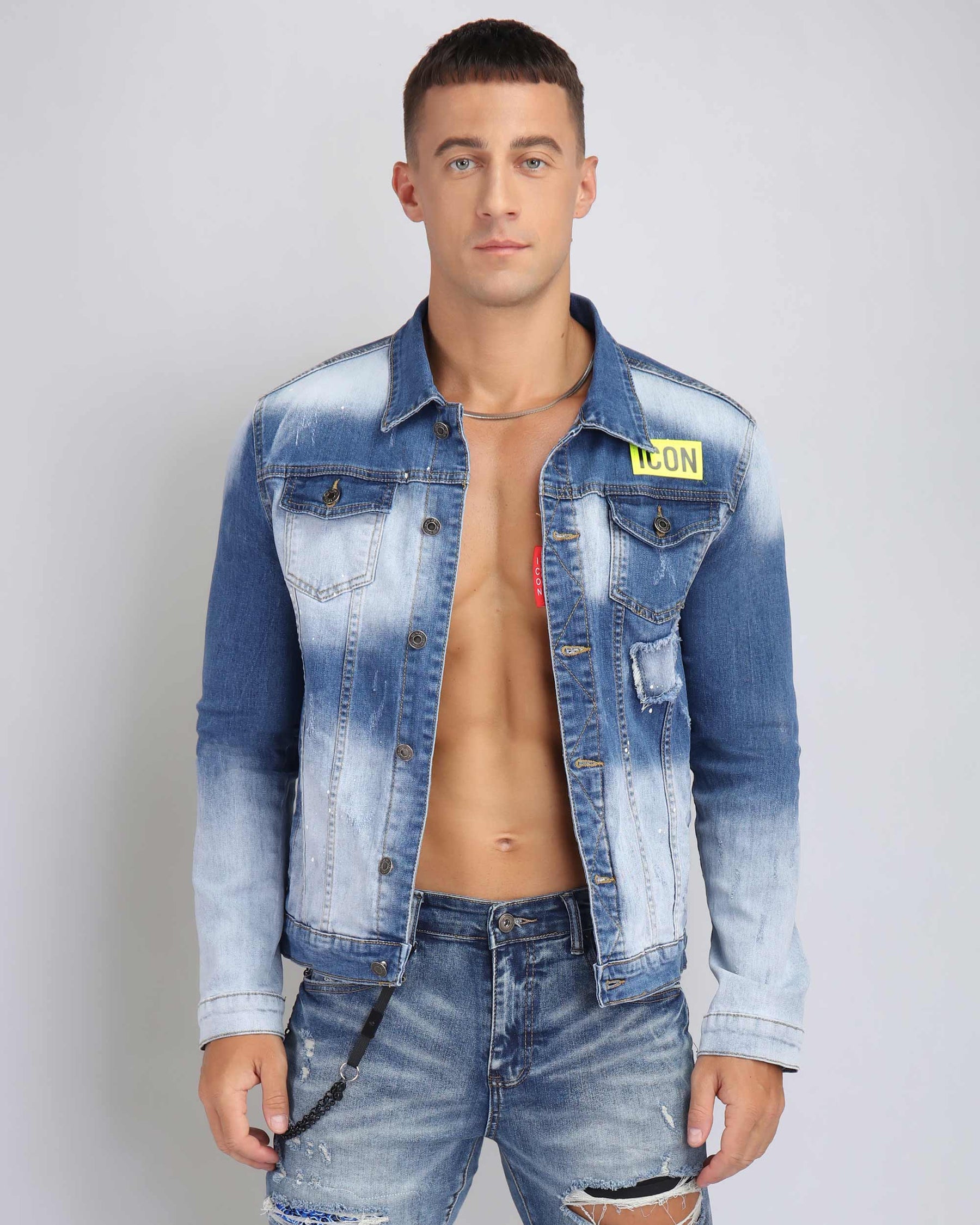 Distressed Denim Jacket with 'ICON' Patch