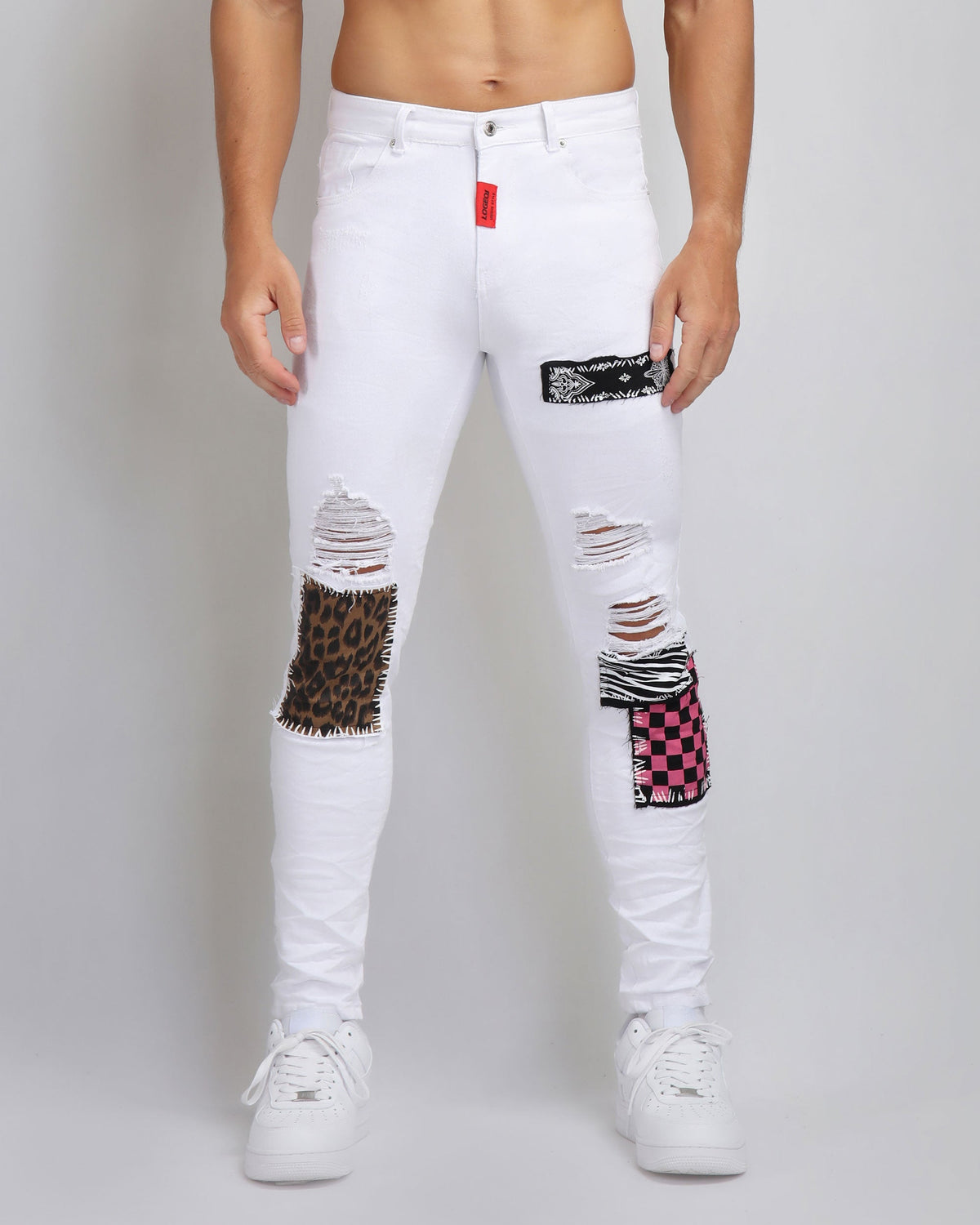 Ripped White Jeans with Leopard-Print & Pink Check Patches