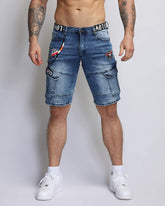 Blue Cargo Denim Shorts with Badge and Webbing Design